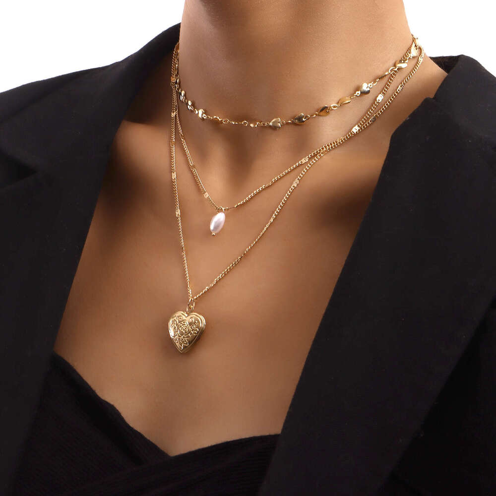 Jewelry Elegant Multi-Layer Chain Pearl Openable Heart Pendant Necklace for Women Ins Style