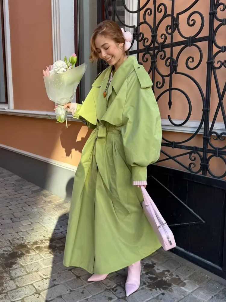 Elegant Green Pleated Lapel Long Windbreaker Women Long Sleeve V Neck Belt Lace Up Loose Jacket Lady High Street Daily OuterwearT251226