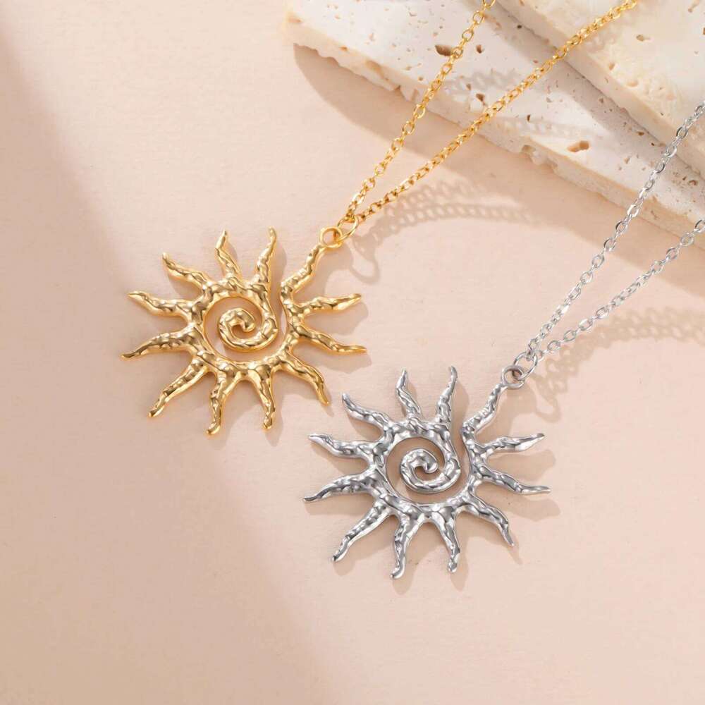 Teamer Spiral Sun Pendant Necklace For Woman Gold Color Stainless Steel Choker Vintage Jewelry Birthday Gift 25N1226