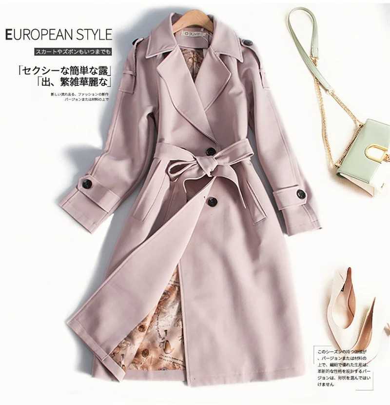Trench Coat Womens Long Windbreaker Spring Autumn Double-breasted Belt Outerwear White Pink Black Blue Camel Casual OvercoatT251226