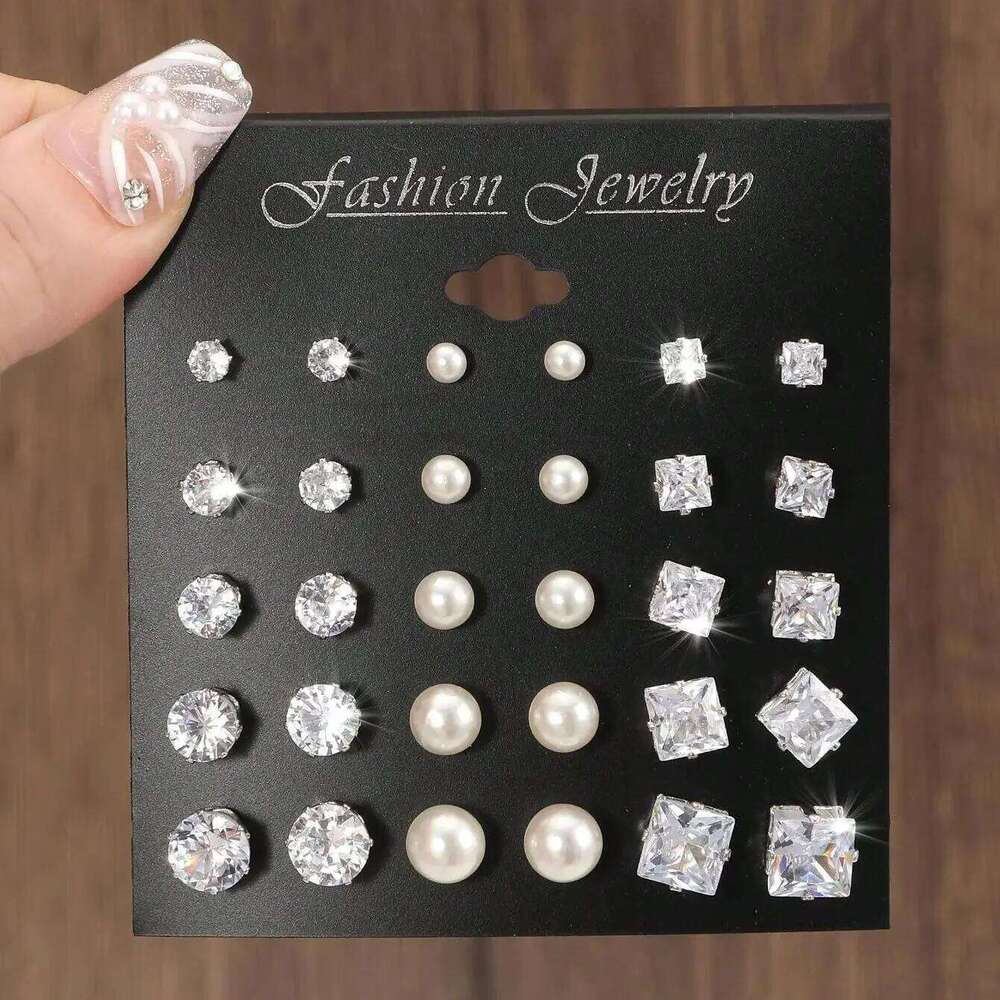 15pairs Cubic Zirconia & Faux Pearl Decor Stud EarringsSuitable for Holidays, Parties, Dates, Gifts, Everyday Wear 25H1226