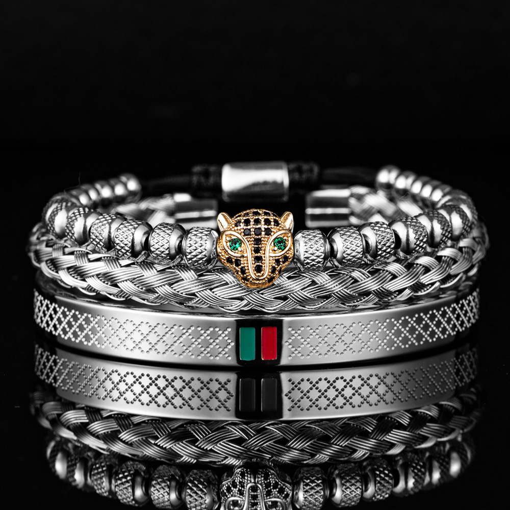 Luxury Creative Design Fashion Jewelry Hot-Selling Micro-Inlaid Leopard Head Bracelet Set Stainless Steel Green Red Green Striped Bangle Wholesale