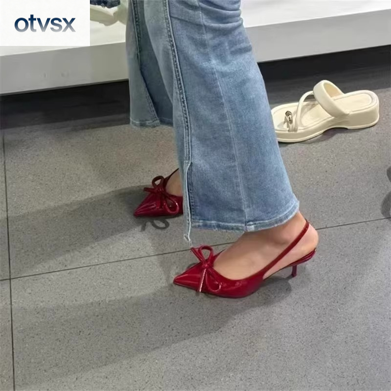 Otvsx Autumn New High Heels Fashion Sexy Style Elegant Bow Design Red Lacquer Pointed Design Luxury Women's High Heels