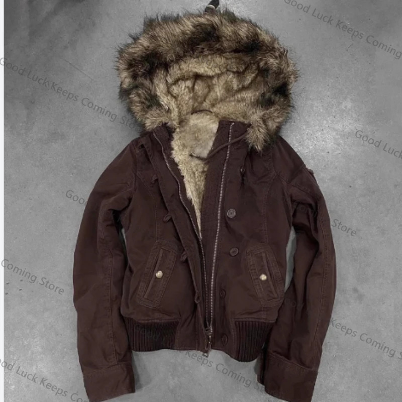 Essential brown fur collar hooded short jacket in Europe and America in autumn and winter Y2K fashionable versatile super warm 251222