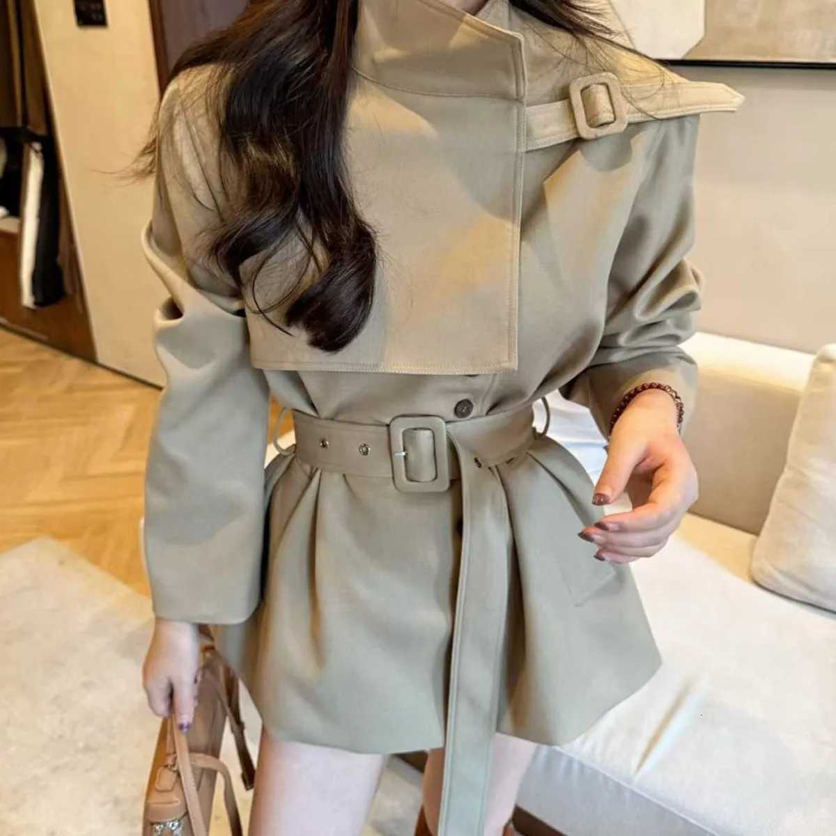 KWTX 2025 Womens Casual Short Trench Coat Autumn Winter Solid Color Single Breasted Stand Collar Belted Pockets VintageT251226