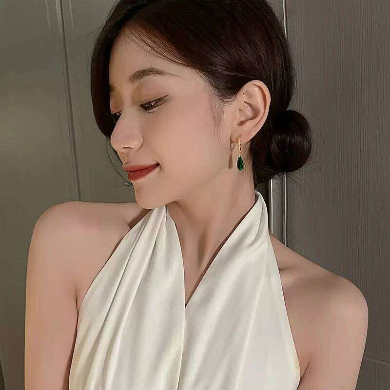 Huitan Fashion Luxury Women Pendant Earrings with Bright Green Cubic Zirconia Simple Design Accessories for Anniversary Ceremony