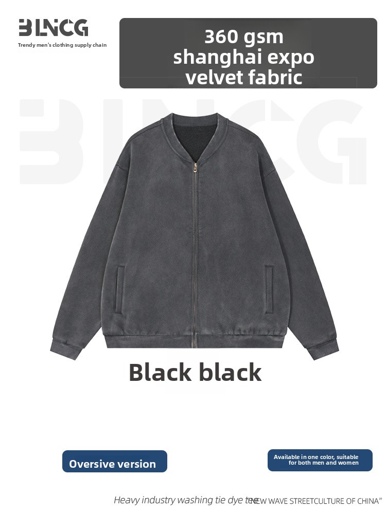 BLNCG Men's Long-Sleeve Jacket - Washed Vintage Design, V-Neck & Zipper Closure, 100% Cotton with Pockets, Oversized Unisex Streetwear Style-KFML