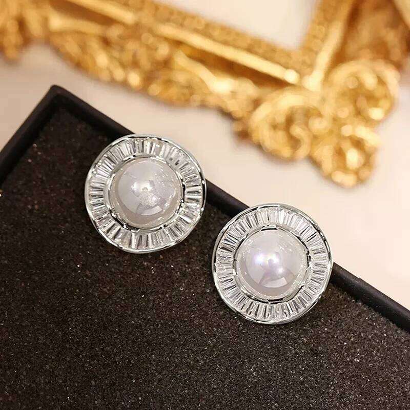 Huitan Irregular Round Shaped Simulated Pearl Stud Women Silver Color Modern Lady's Daily Wear Earrings Fashion Jewelry