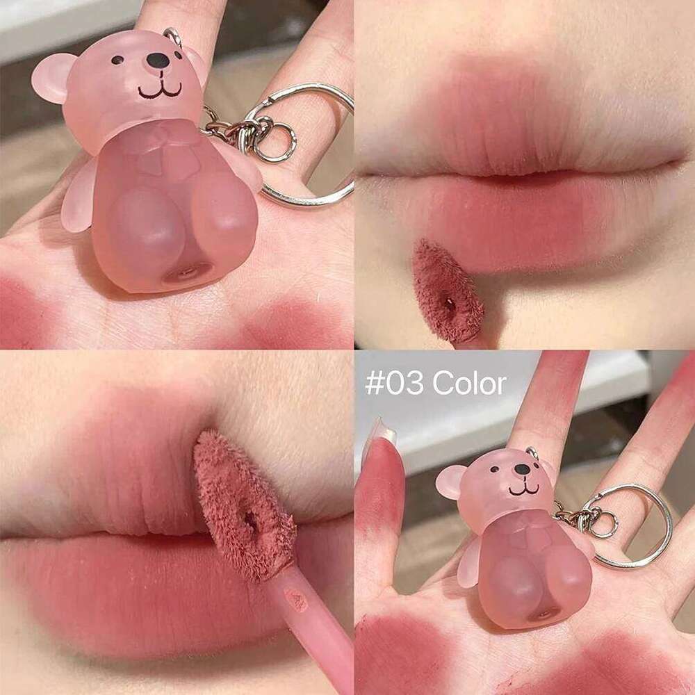 Cute Bear Velvet Mud Keychain Matte Nude Red Lip Gloss Autumn Winter Non-stick Cup Lipstick Waterproof Lasting Lips Makeup 25H1226