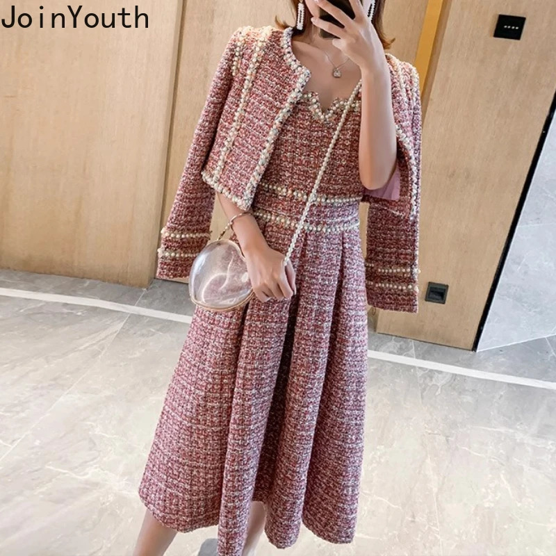 Elegant Suit Womens Clothing 2 Piece Sets Oneck Cropped Coat Slim Waist Aline Pleated Sing Dress Outfits Thicked Tweed Set 251211