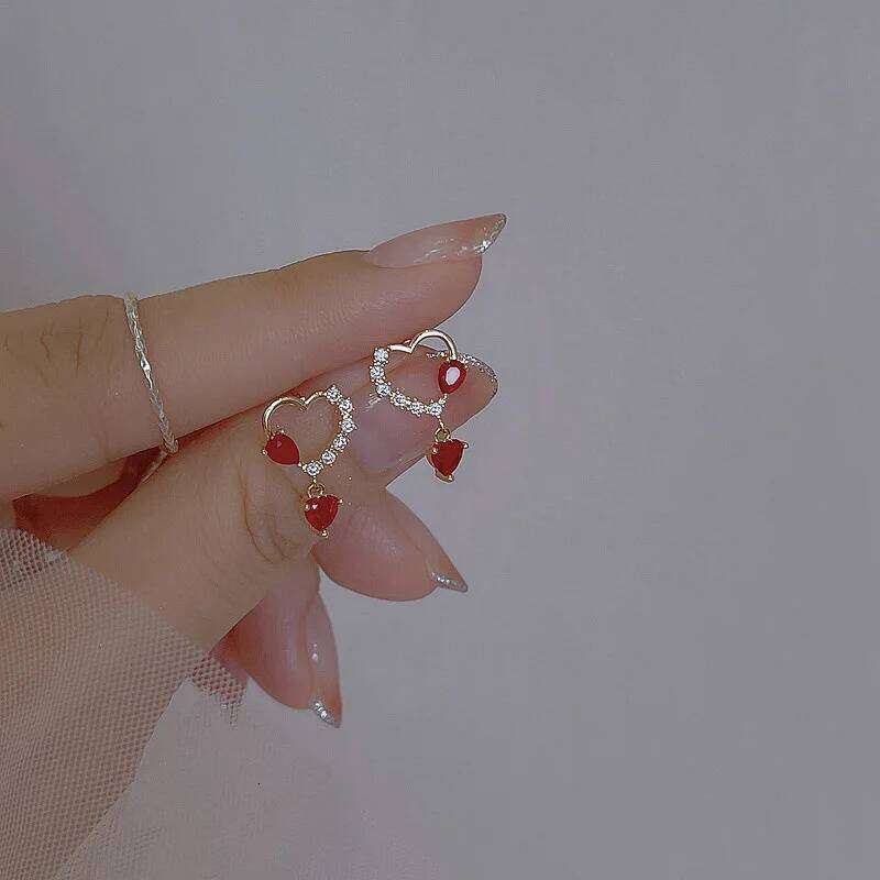 2023 New Fashion Sweet Heart Red Drop for Women Korean Crystal Long Chain Tassel Earrings Party Wedding Jewelry Brincos 25H1226