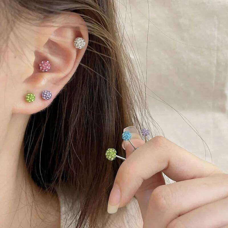 1Pair Double-sided Shiny Crystal Ball Earrings Surgical Steel Disco Balls Hypoallergenic Tragus Helix Barbell Piercing Jewelry 25H1226