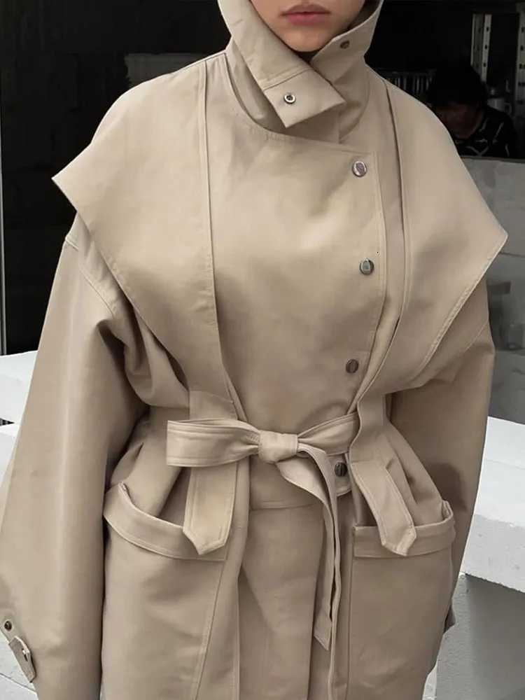 Women Solid Stand Collar Windbreaker Fashion Single Breasted Lace Up Pocket Coat 2025 Autumn Lady New Commuter Daily OutwearT251226