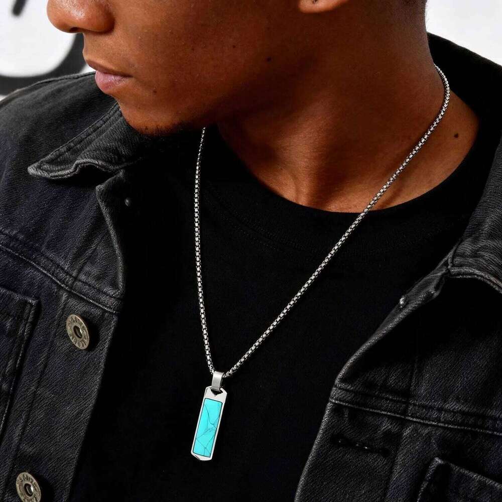 Natural Stone Healing Necklaces for Men,Stainless Steel Rectangular Pendant Necklace,Trendy Hip Hop Birthday Jewelry Gift 25N1226