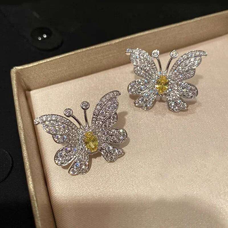 Huitan Gorgeous Yellow Butterfly Stud for Women Aesthetic Accessories Wedding Earrings Fancy Gift Statement Jewelry