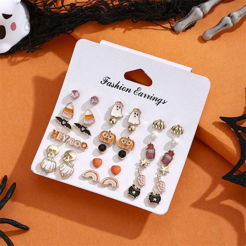 18 Pair Halloween Combination Earrings Set for Women Pumpkin Bat Skull Star Pearl Rhinestone Earring Girls Party Jewelry 25H1226