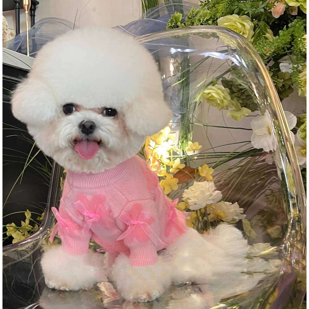 Pink Bow-Shaped Plush, Cute And Warm Design Pet Sweater, Suitable Winter, For Small Dogs' Clothing. 25T1226