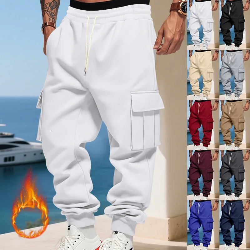 Mens Heavyweight Fleece Casual Pants Autumn Winter American Loose Sports Multipocket Cargo Jogging Trousers 251226