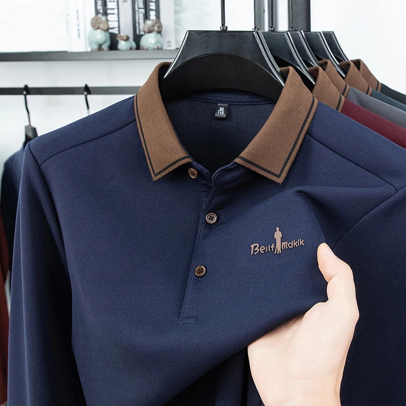 Mens Polo Shirt Long Sleeve Autumn Winter Lapel Collar Button Business Casual Classic Office Warm T-shirt Menswear 251222