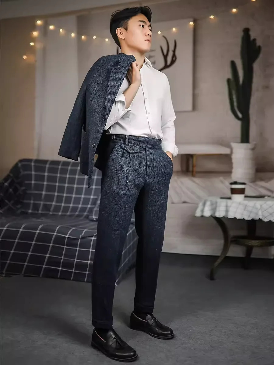 Autumn Winter Men Retro Fashion Pockets Wool Pant Mens Long Woolen Straight Trousers Male Loose Thick Warm Pants F327 251226