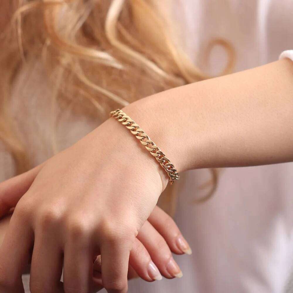 Stainless Steel Bracelet Women, 3mm to 9mm Curb Cuban Chain Bangle Gold Color Unisex Wrist Stackable Jewelry 25T1226