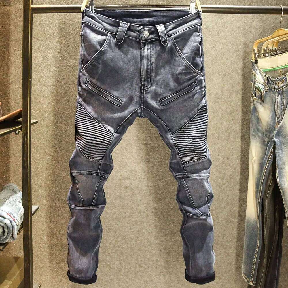2025 New Autumn Winter Black And Gray Jeans Men's High-End Locomotive Long Splicing Wear-Resistant Slim-Fitting Pants