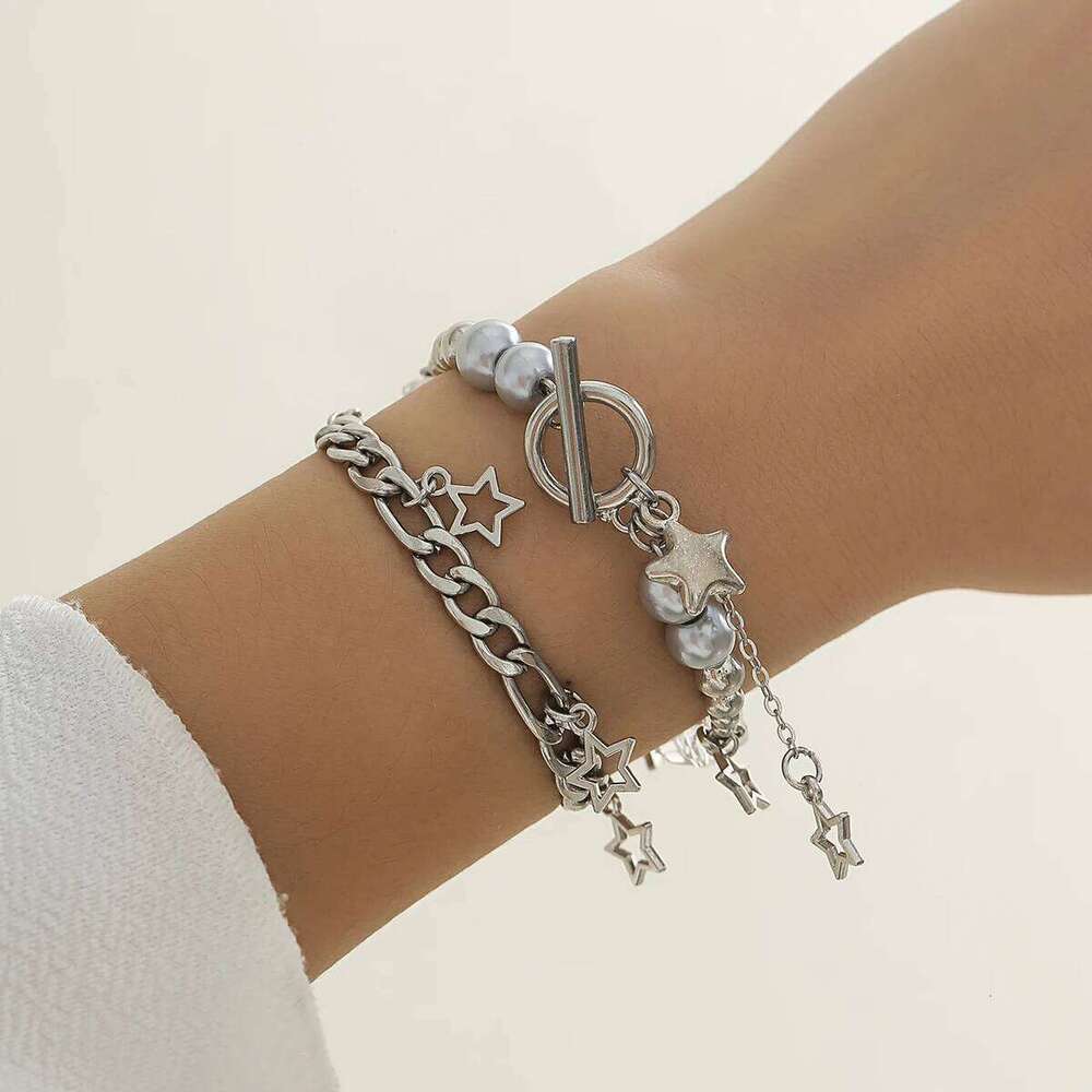 Salircon 2Pcs Trend Y2K Hollow Star Pendant Irregular Ball Bead Chain Bracelet Women's Party Hip Hop Jewelry Gif 25T1226