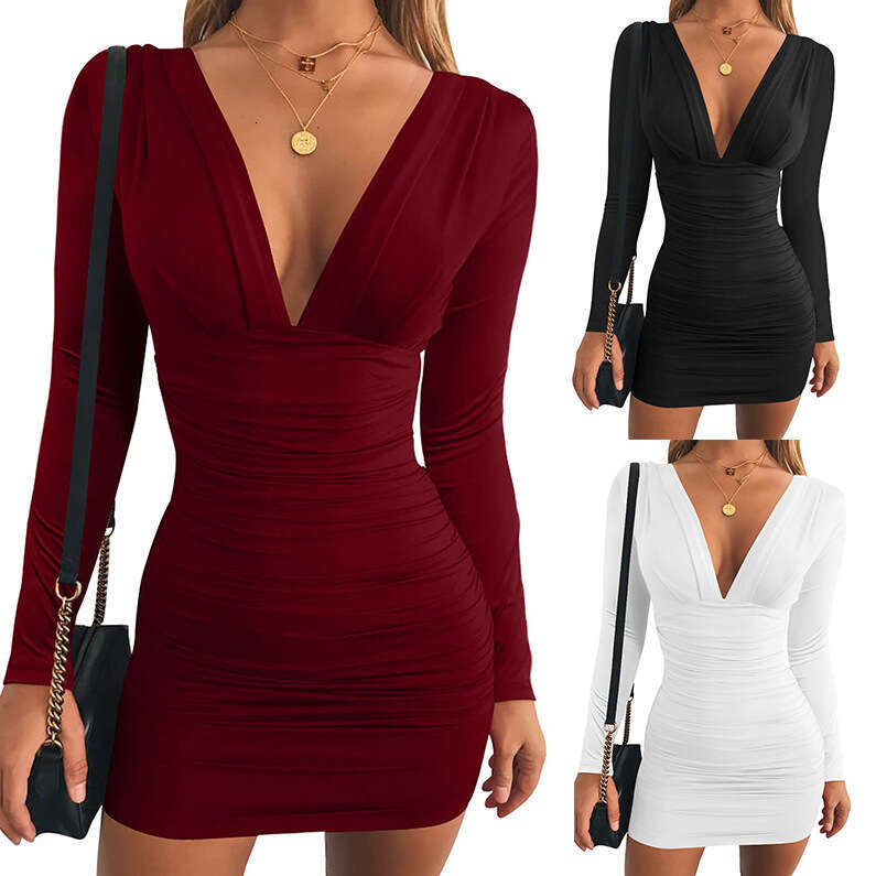Dress for Women European American Style V-Neck Sexy Long Sleeve Solid Color High Waist Bodycon Mini Dress Casual Dating Party Wear