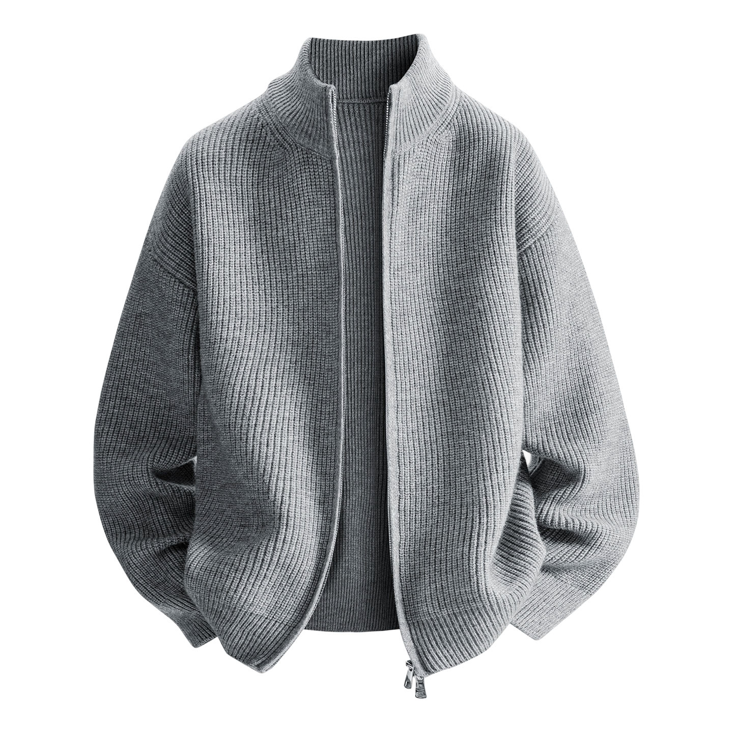 Men's Solid Color Zip-Up Cardigan Sweater, Autumn & Winter Bestseller, Loose-Fit Stand-Up Collar Streetwear Jacket
