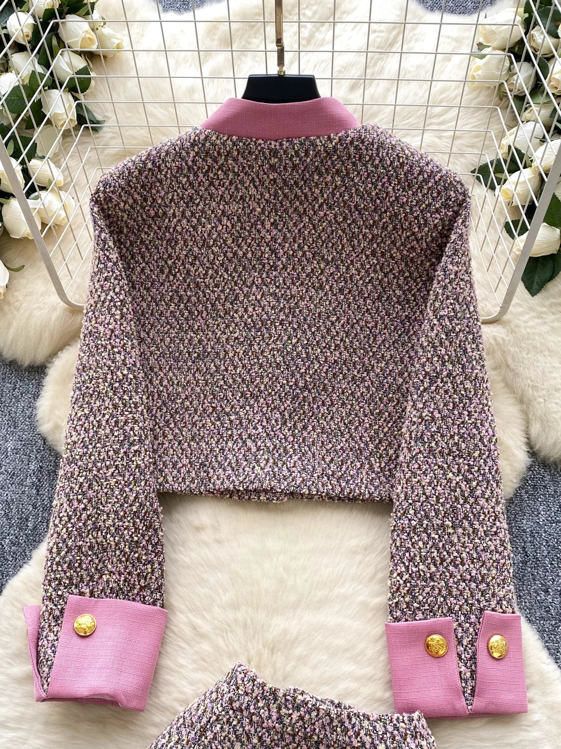 Faionable Tweed Set Womens Autumn Sli AntiAging Long Sve Metal Bule Wide Leg ort Skirt High Waist Pleated 251211