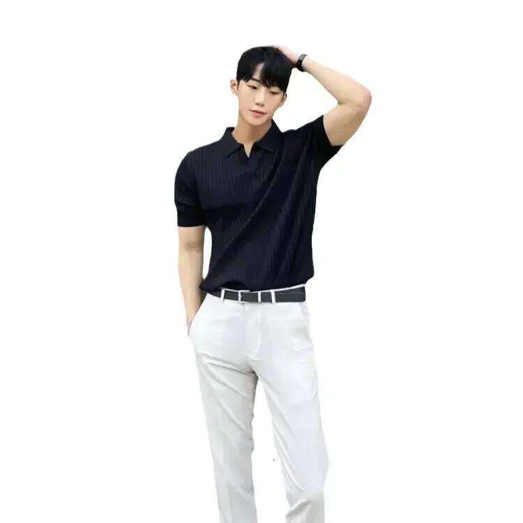 Trendy Polo Shirt For Men Summer Solid Color Top Versatile Knit Style Korean Short Sleeves Casual Fashion T-Shirt