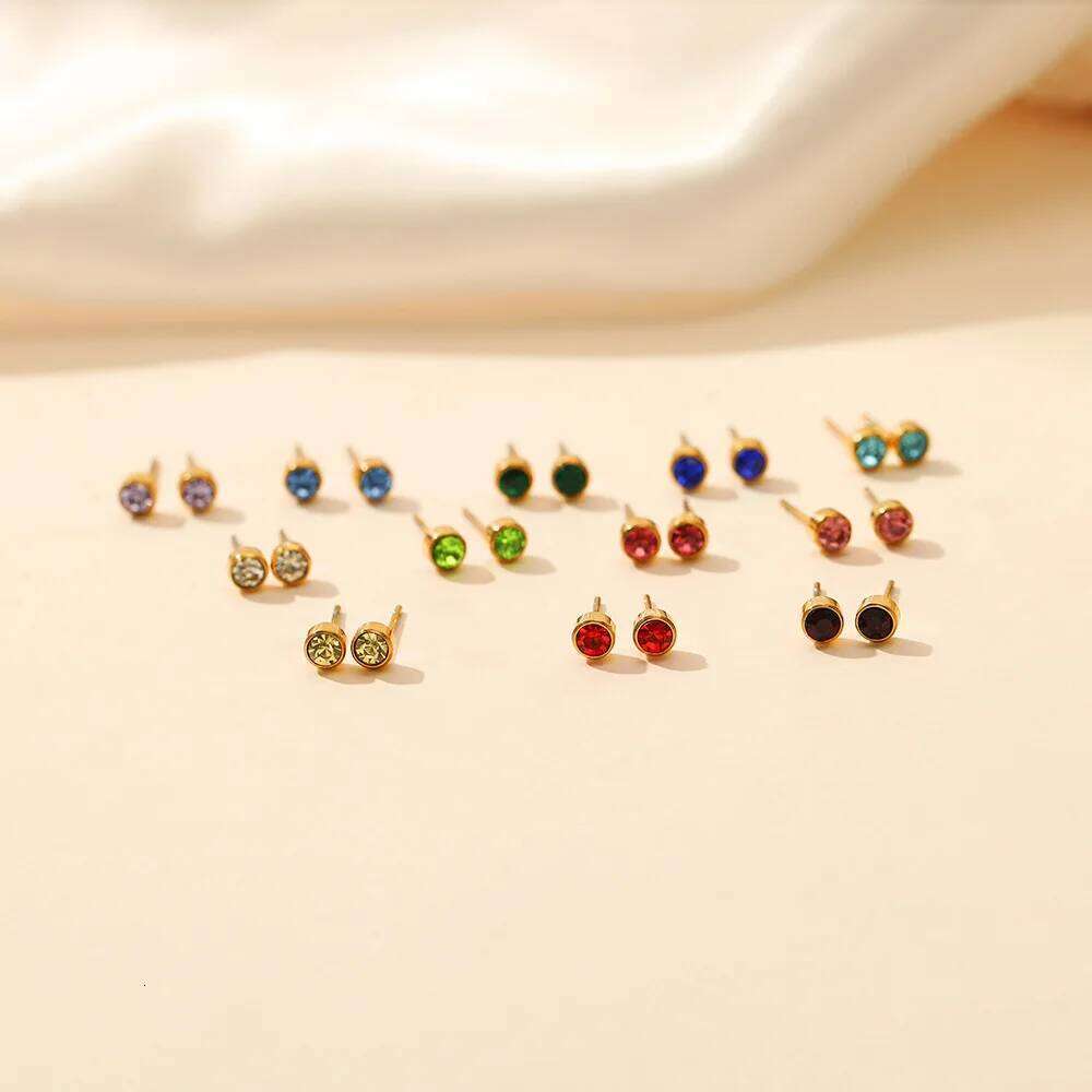 Trendy Colorful Zircon Inlaid Birthstone Tiny Stud Earring Stainless Steel 18k Gold Plated Glaring Earrings for Women 25H1226