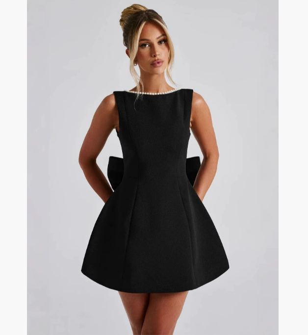 Casual Dresses Elegant Pearl Bow Backless Sexy Mini Dress Women's Luxury Party Short White Black Pink Birthday Evening Wedding