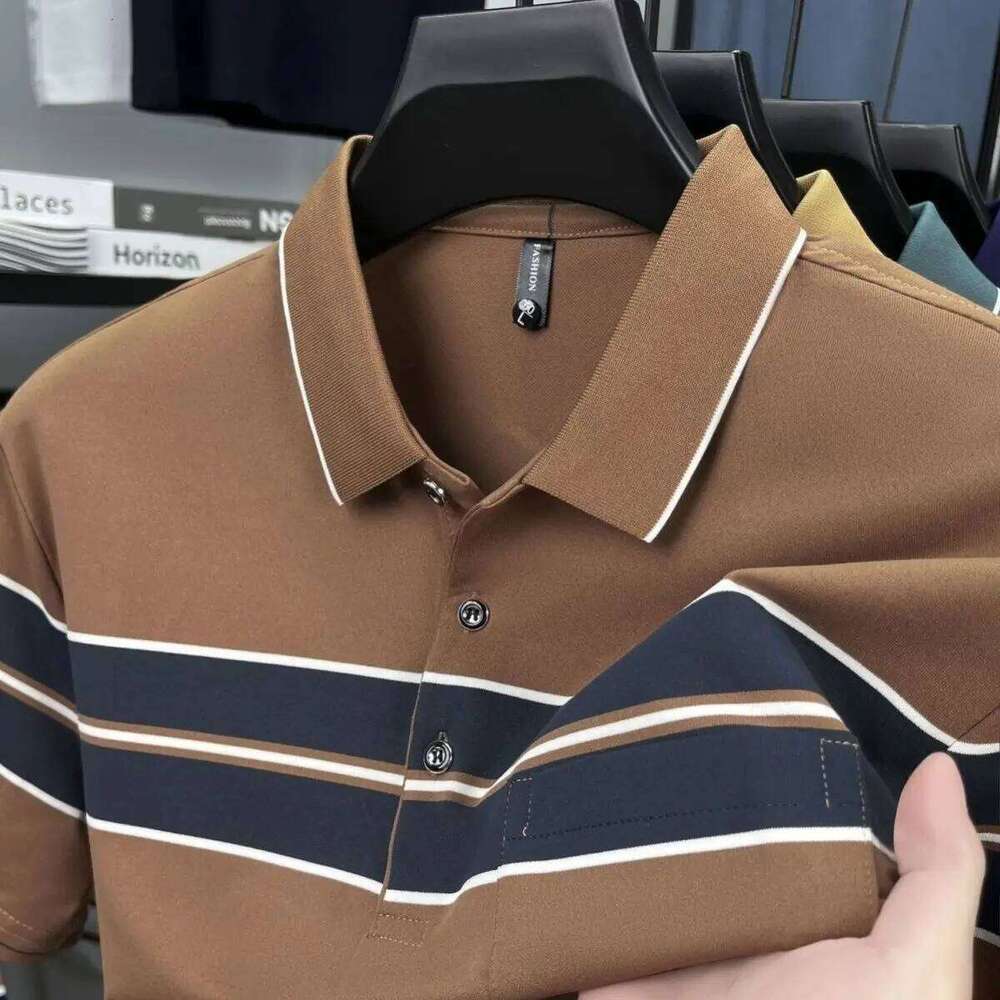 Summer New Fashion Striped Collar Polo Shirt Men's Middle Age Casual Business Thin Style Versatile