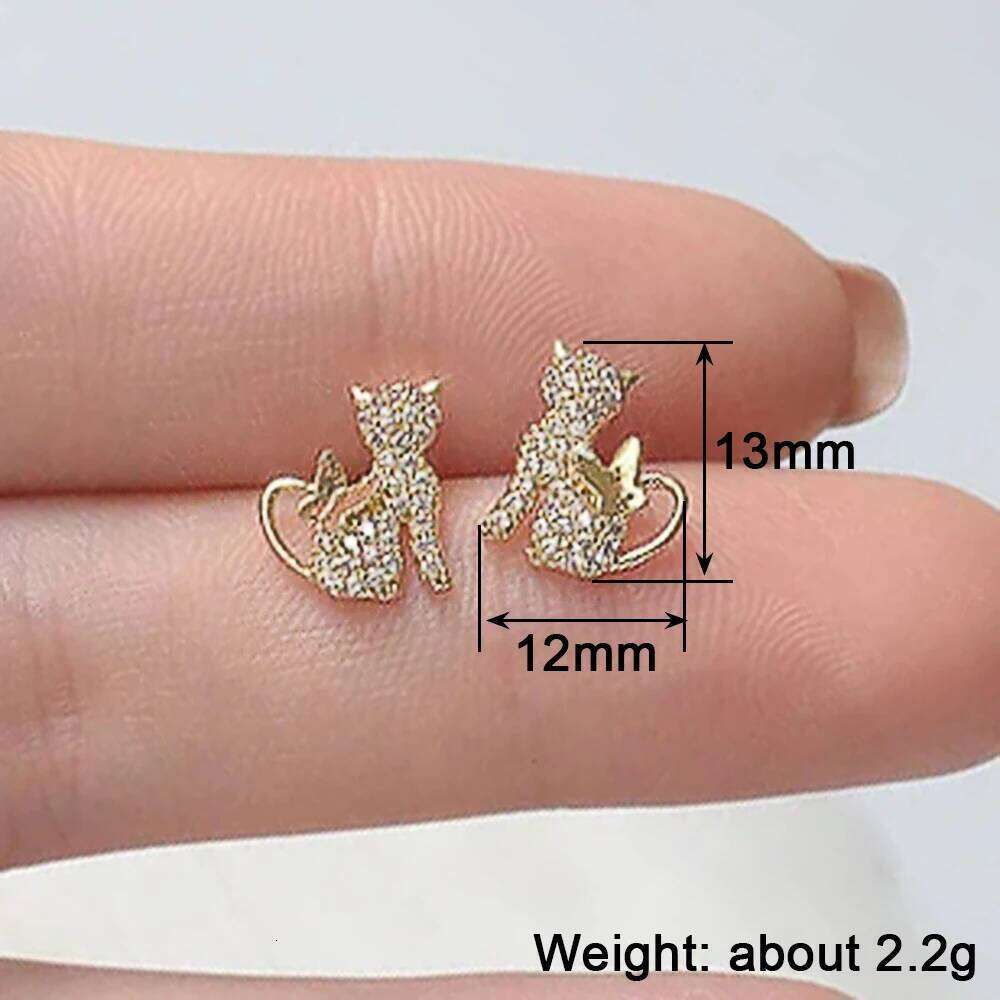 Huitan Dainty Cat with Butterfly Stud for Women Dazzling CZ Exquisite Female Earrings Party Trendy Jewelry 25H1226