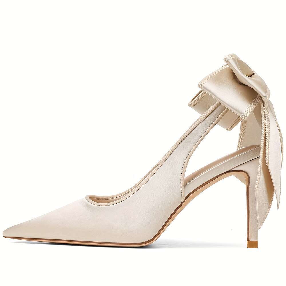 Wedding For Bridal Satin Back Heels Closed Pointed Toe Stiletto High Heel Pumps Slip On Dress Shoes Bow Design Versatile Woman Footwear MOJIDASHU