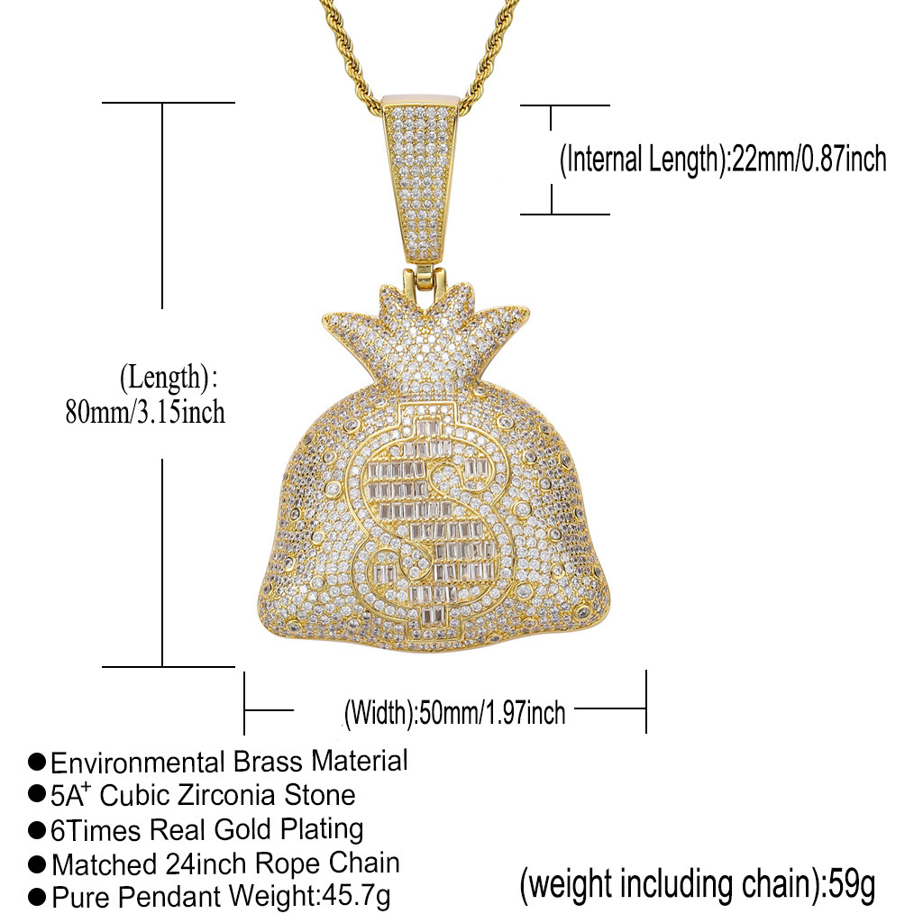 Hip Hop Dollar Purse Pendant Necklace Bling Zircon 18K Real Gold Plated Men Women Jewelry Gift