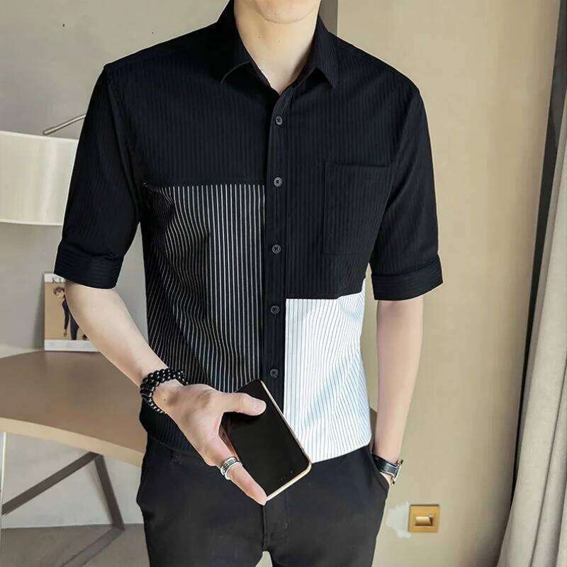 New Summer Style Men's Seven-Point Short-Sleeved Fashion Trendy Striped Spliced Shirt