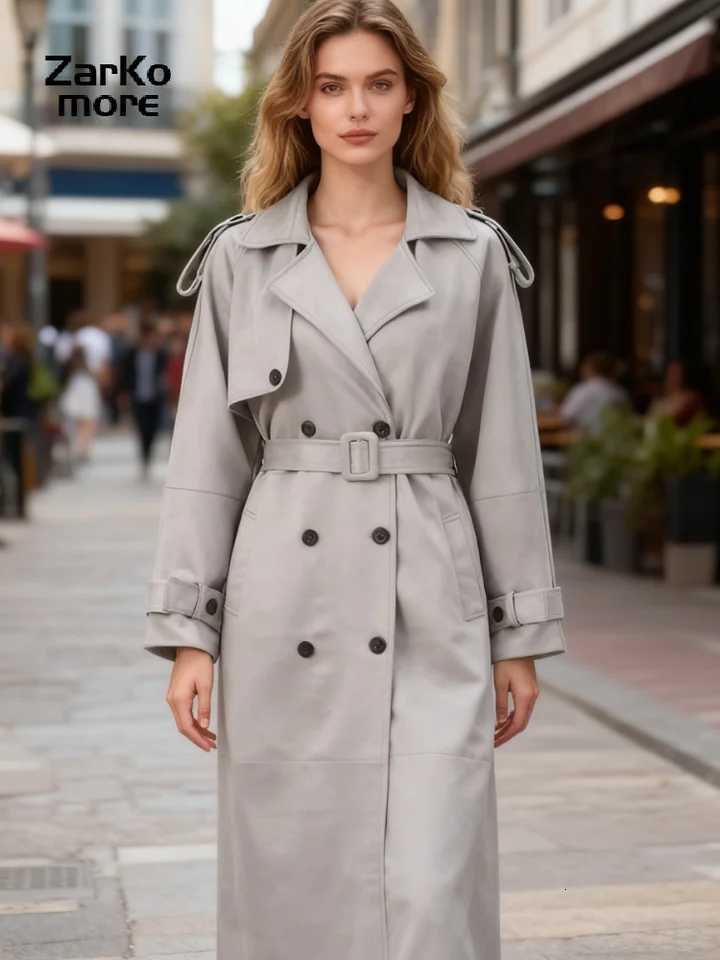 Chic Solid Belt Long Trench Coat Women Lapel Double Breast Full Sleeve Windbreaker 2025 Autumn Winter Lady Commute Coat NewT251226
