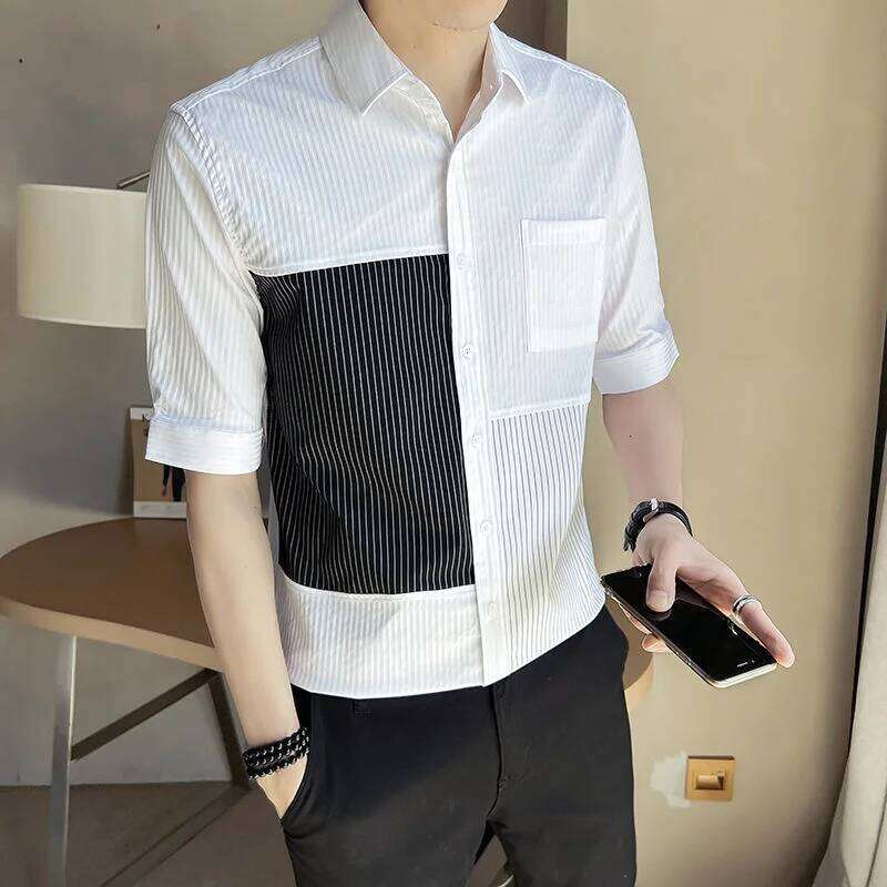 New Summer Style Men's Seven-Point Short-Sleeved Fashion Trendy Striped Spliced Shirt