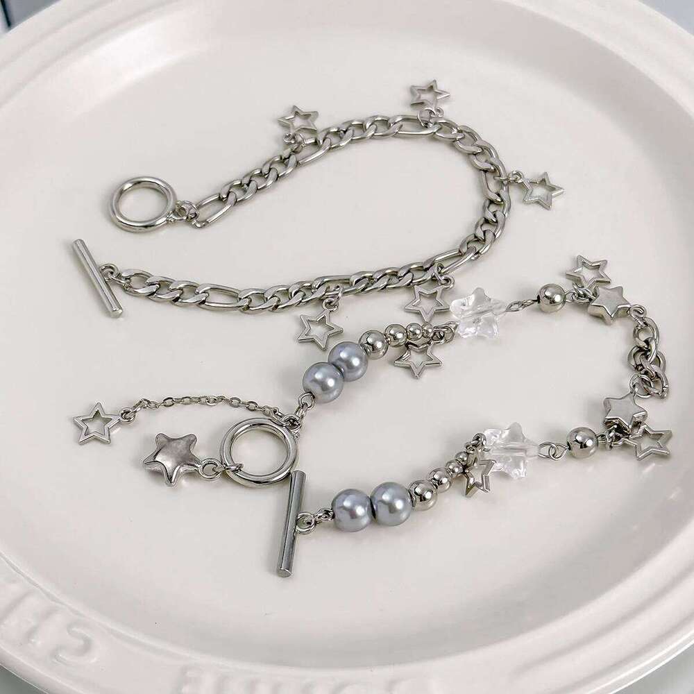 Salircon 2Pcs Trend Y2K Hollow Star Pendant Irregular Ball Bead Chain Bracelet Women's Party Hip Hop Jewelry Gif 25T1226