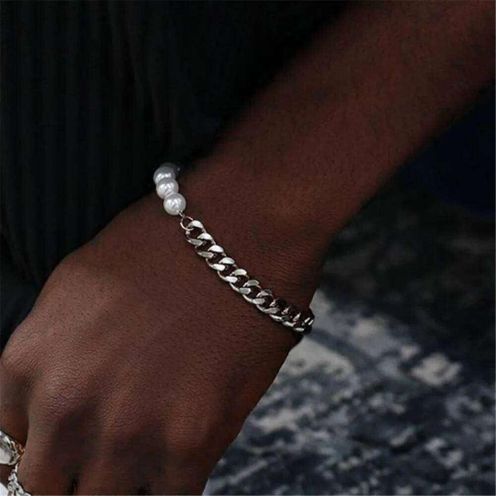 Simple Stainless Steel Pearl Stitch Silver Color Men Cuban Chain Bracelet Retro Party Jewelry Men's Fashion Accessories 25T1226