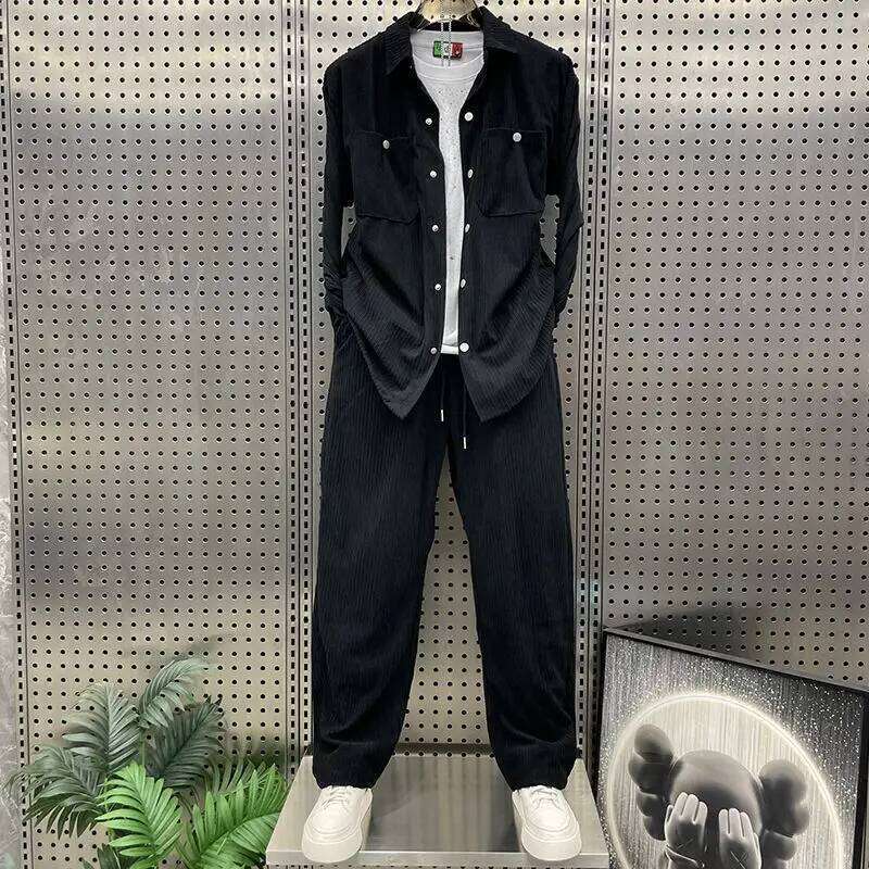 Autumn Winter Thickened Lapel Solid Color Corduroy Casual Suit Trendy Men's Fashion Versatile Jacket Trousers Two-Piece Set