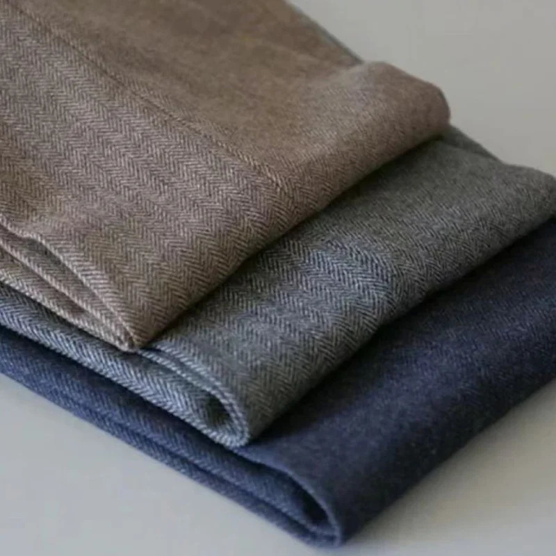 Autumn Warm Wool Herringbone Casual Trousers British Retro Woolen Loose Straight Pants for Men 251226