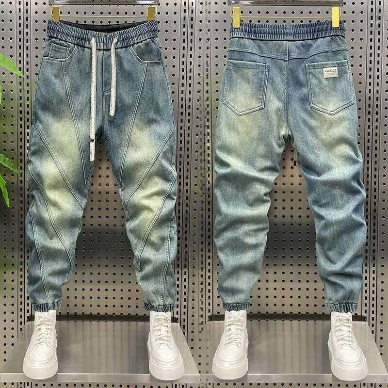 Trendy Men's Splicing Casual Elastic Waist Blue Old Jeans Loose And Versatile Fashion Harlan Pants