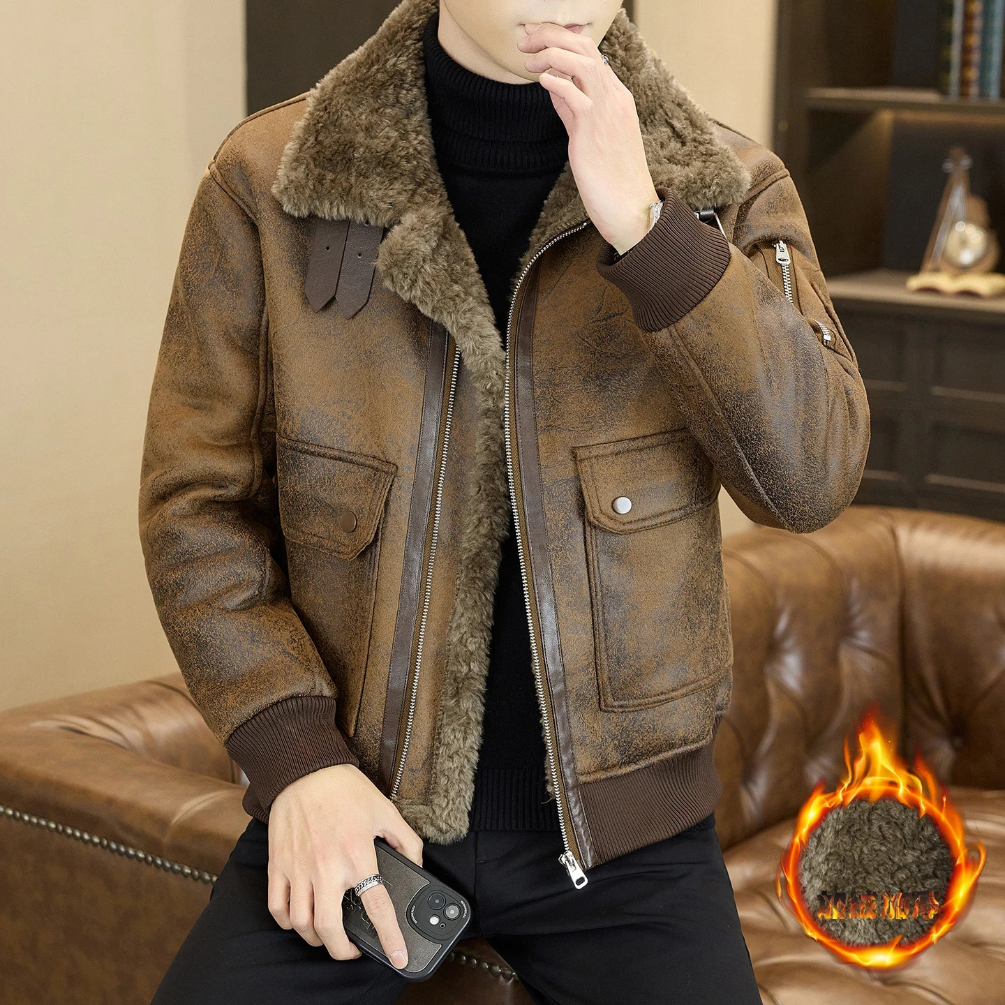 A high-quality fashionable and stylish mens fur coat with a thick and fleece fur collar and loose jacket for winter 251222