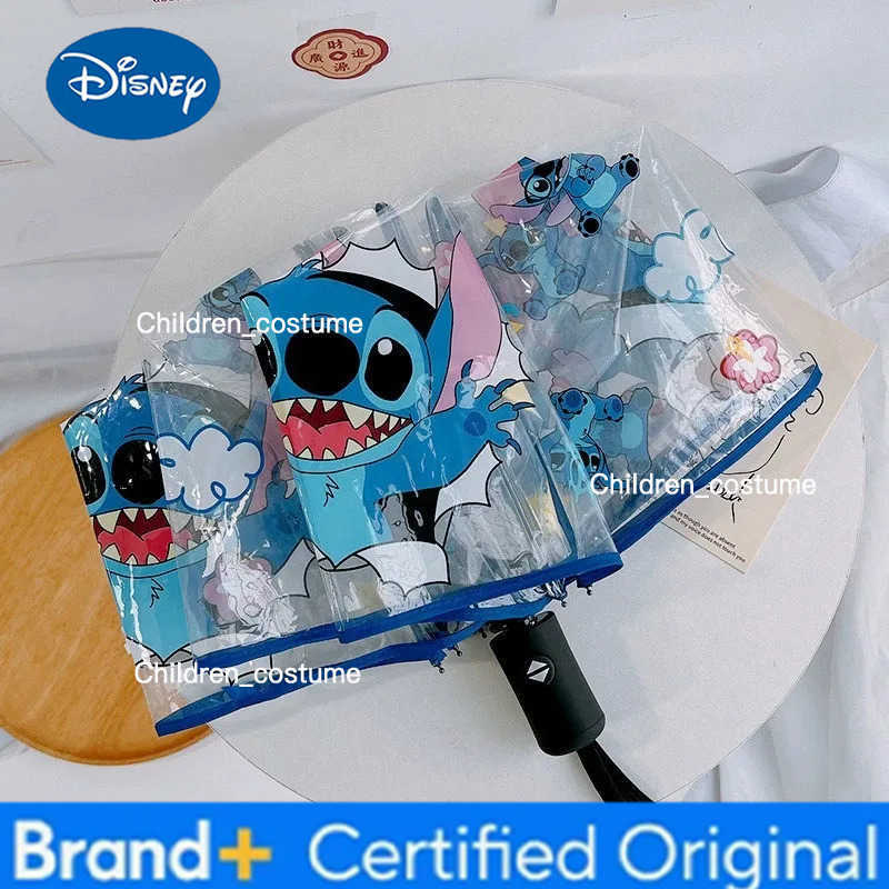 Disney Cartoon Cute Stitch Fully Automatic Transparent Umbrella Folding Three Fold Umbrella Sunshade Mens and Womens Umbrellas H251226