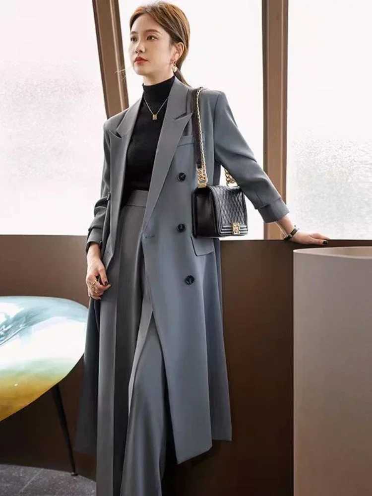 Trench Coat for Women Suit Collar Double-breasted Solid Color Long Coat Elegance Office Lady Jackets Autumn Winter Clothes WomenT251226