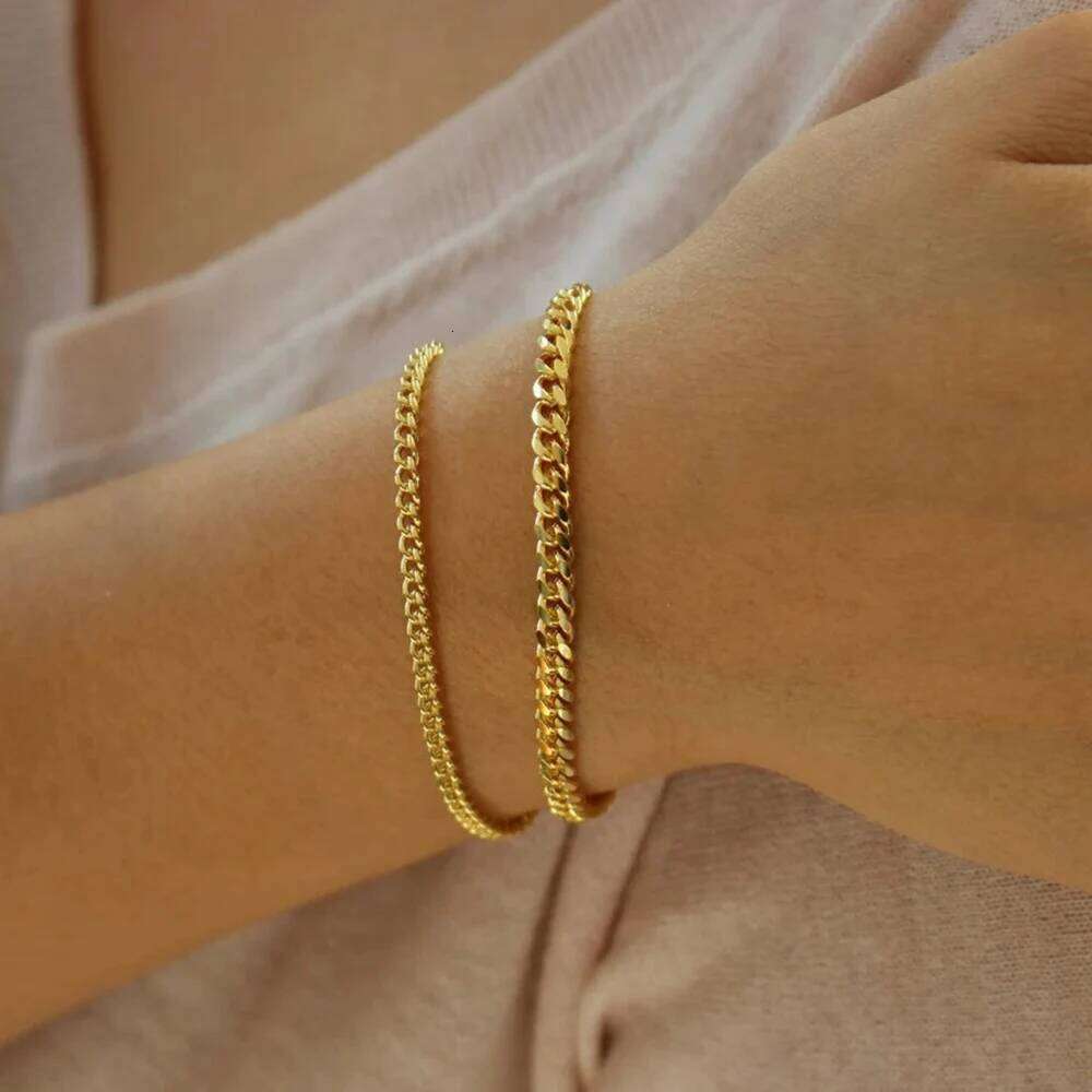 Stainless Steel Bracelet Women, 3mm to 9mm Curb Cuban Chain Bangle Gold Color Unisex Wrist Stackable Jewelry 25T1226
