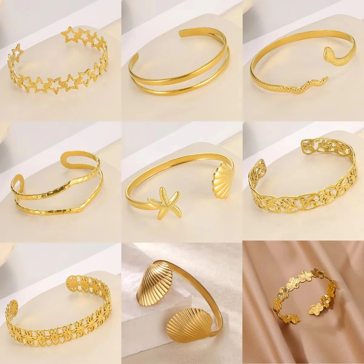 Summer Waterproof Cuff Bangles Bracelet For Women Cute Flower Double Layer Open Stainless Steel Gold Color Star Shell Jewelry 251219